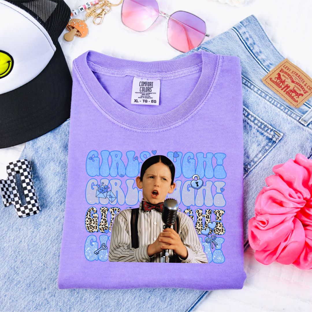 Customized Youth Boys Violet graphic tee Blue girls Ugh bubble letters and cheetah print font.
