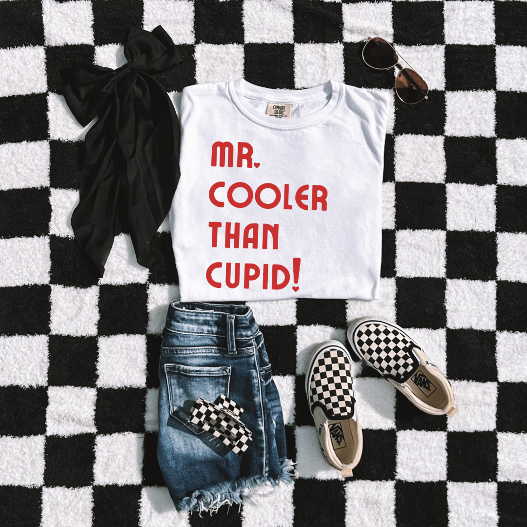 Customized Youth Boys White Flat Lay Graphic Tee mr cooler than cupid red font
