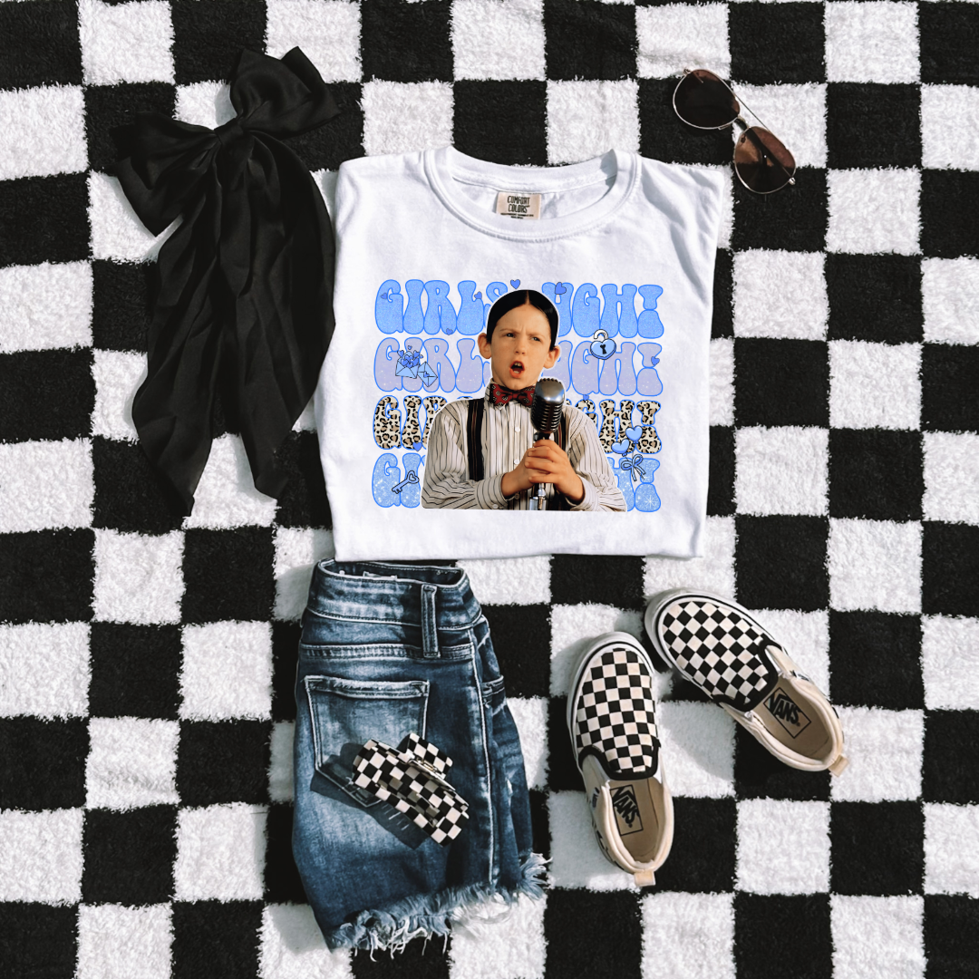 Customized Youth Boys White graphic tee Blue girls Ugh bubble letters and cheetah print font.
