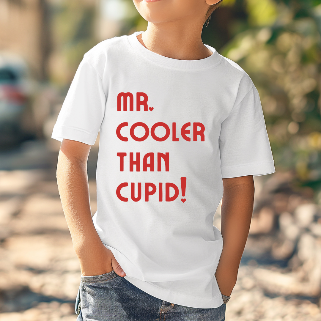 Customized Youth Boys White Graphic Tee mr cooler than cupid red font