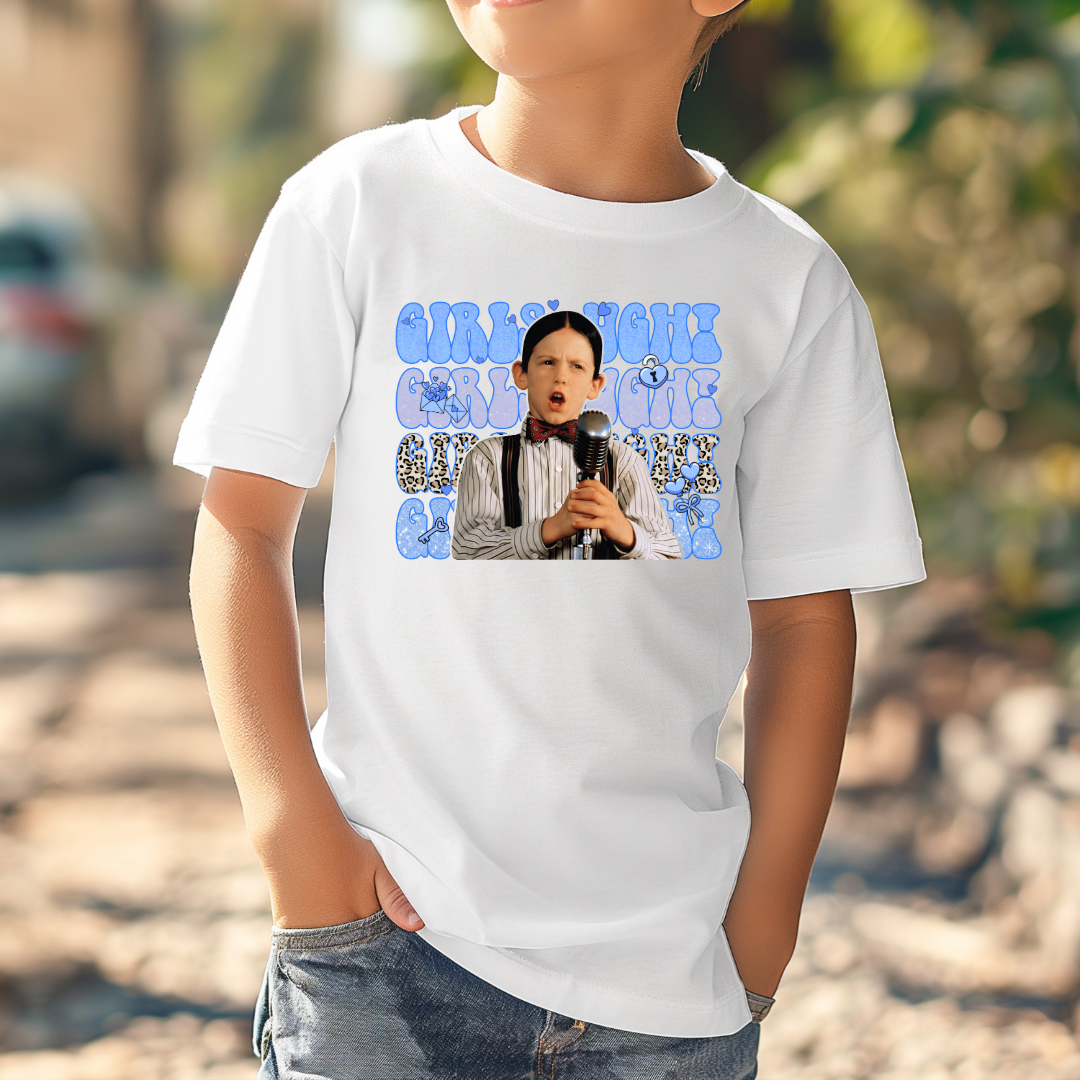 Customized Youth Boys White graphic tee Blue girls Ugh bubble letters and cheetah print font.