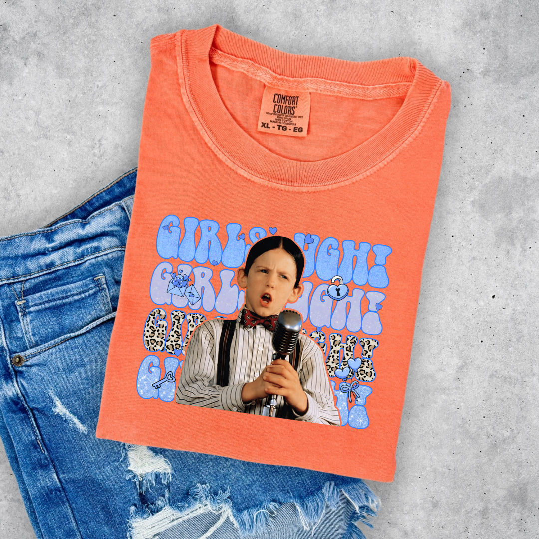 Customized Youth Boys melon orange graphic tee Blue girls Ugh bubble letters and cheetah print font.
