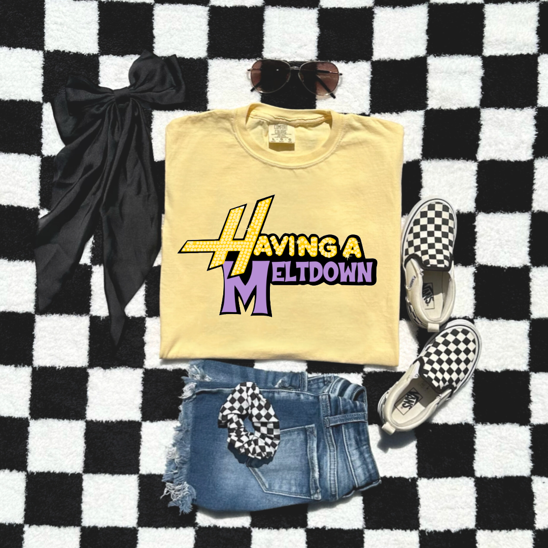 Customized Youth Butter Yellow Graphic Tee Having a meltdown yellow and purple groovy bubble font