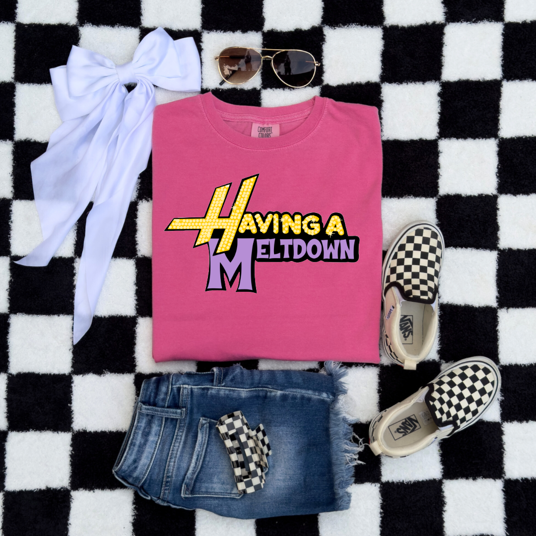 Customized Youth Cruncberry pink Graphic Tee Having a meltdown yellow and purple groovy bubble font