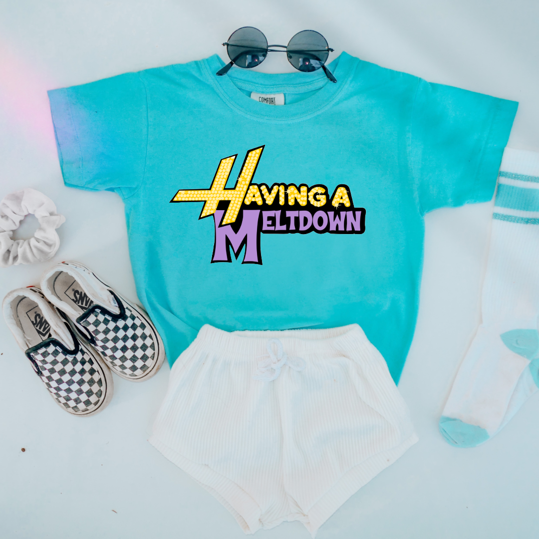 Customized Youth Lagoon blue Graphic Tee Having a meltdown yellow and purple groovy bubble font