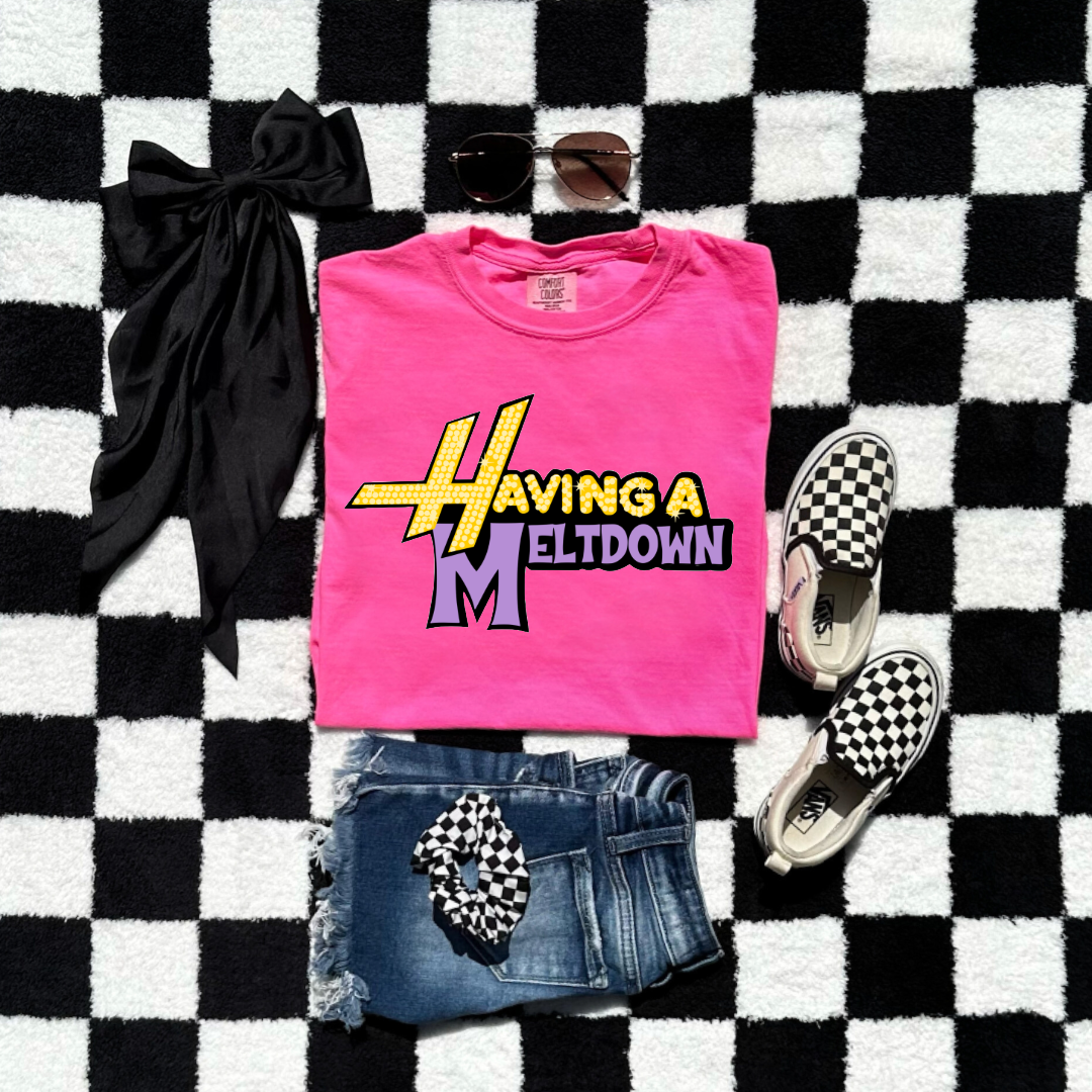 Customized Youth Neon Pink Graphic Tee Having a meltdown yellow and purple groovy bubble font