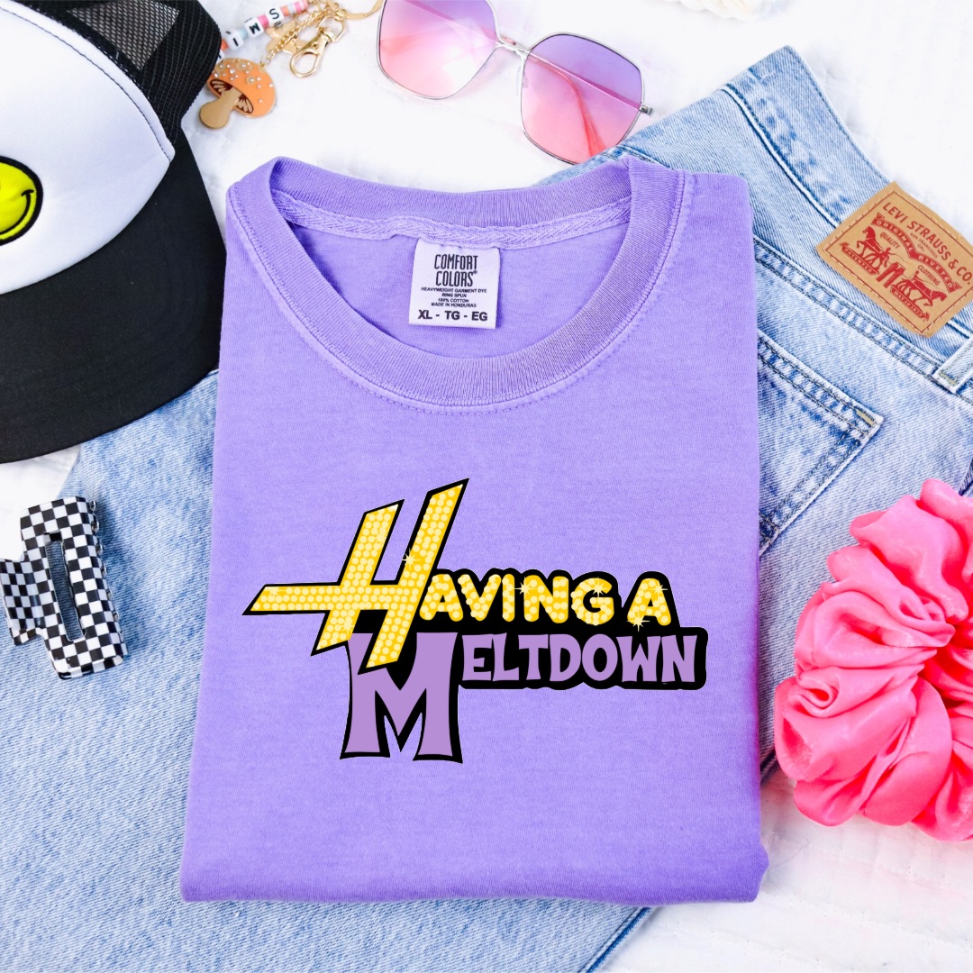 Customized Youth Violet Graphic Tee Having a meltdown yellow and purple groovy bubble font