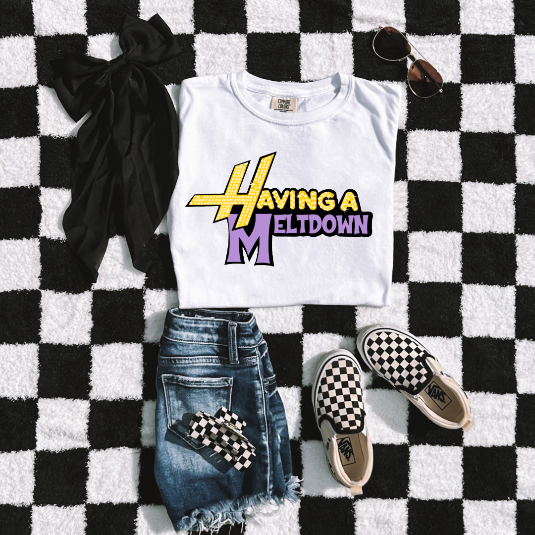 Customized Youth White Graphic Tee Having a meltdown yellow and purple groovy bubble font