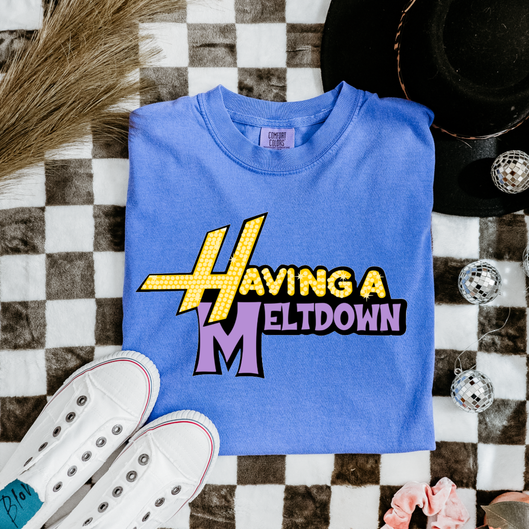 Customized Youth and Adult Flo Blue Graphic Tee Having a meltdown yellow and purple groovy bubble font