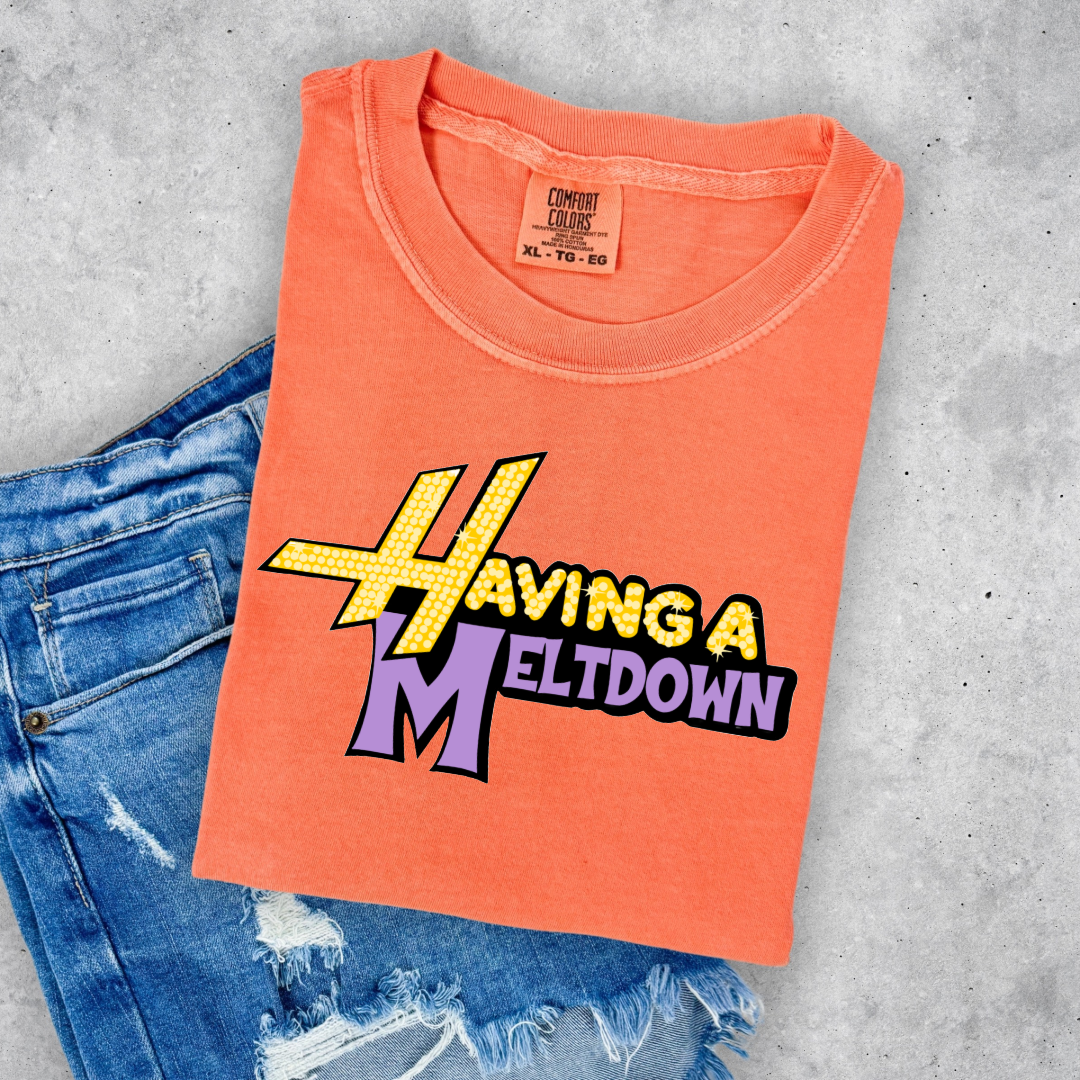 Customized Youth and Adult Melon Orange Graphic Tee Having a meltdown yellow and purple groovy bubble font
