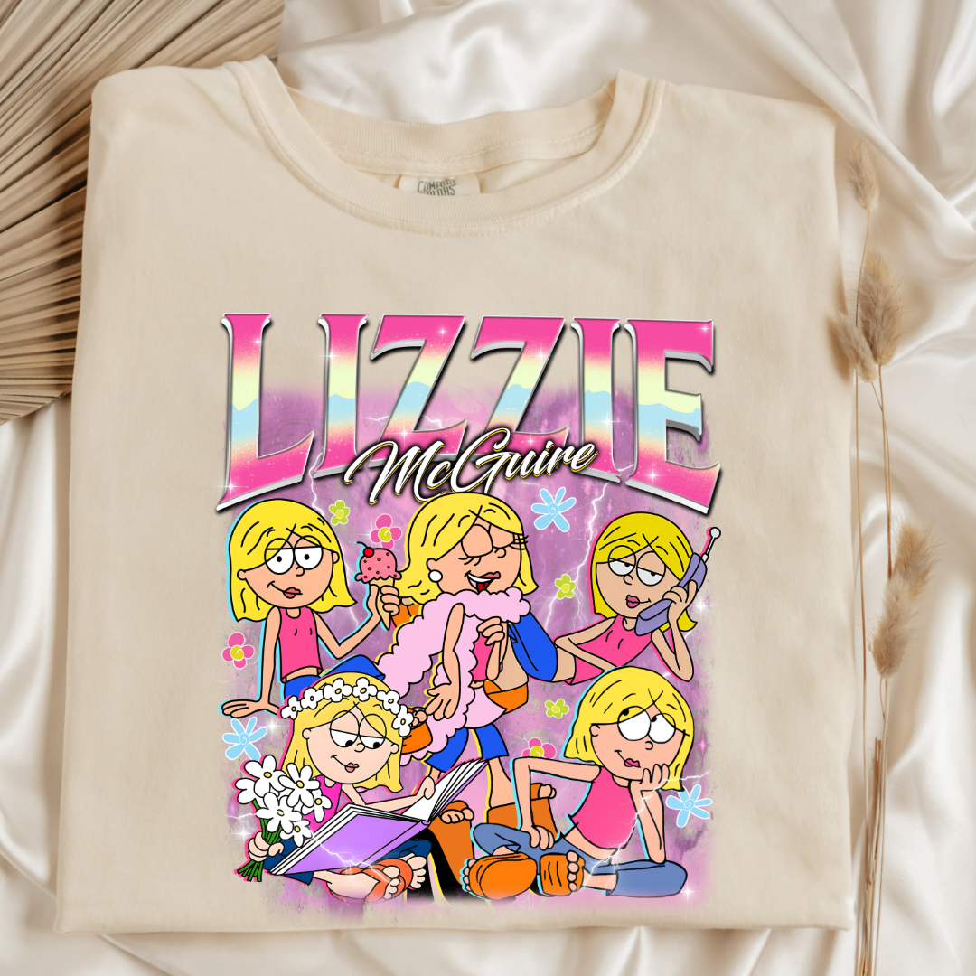 Customized Adult Ivory Flat lay Vintage inspired Lizzie McGuire T shirt.