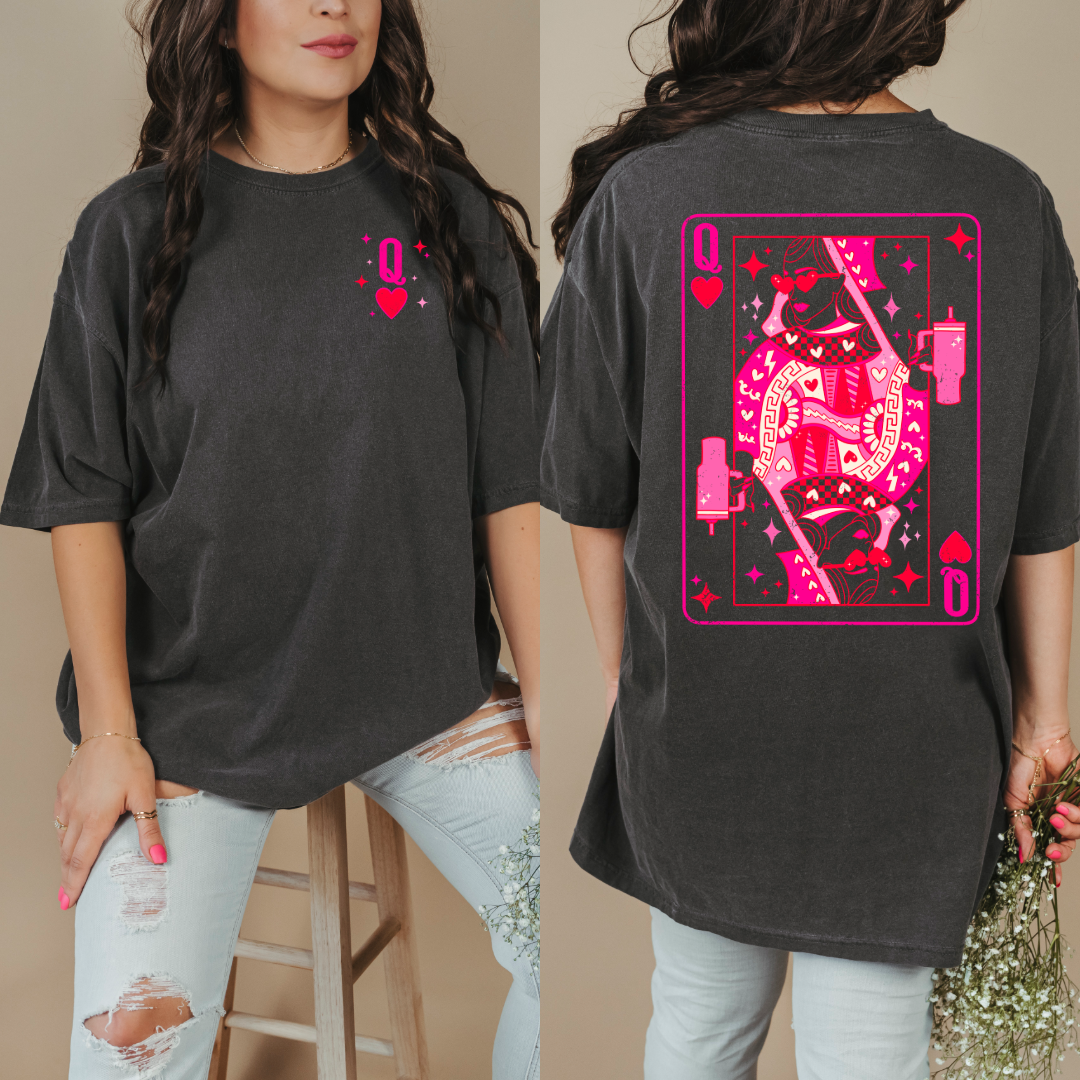 Customized pepper Vintage Black Graphic tee with Pink and red queen of hearts back and Q pocket graphic
