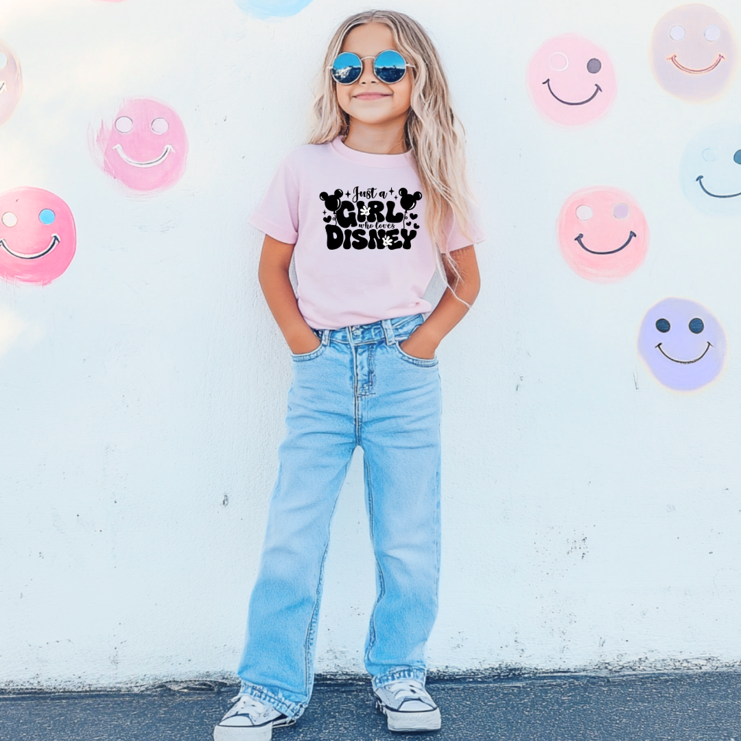 Customized youth Blossom Pink T-Shirt Just a girl who loves Disney bubble writing mickey balloon on string with mickey gloves