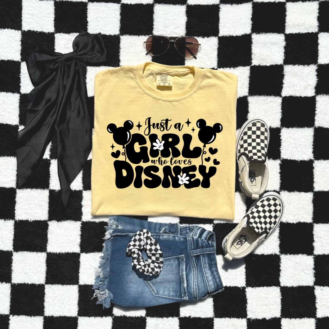 Customized youth Butter yellow T-Shirt Just a girl who loves Disney bubble writing mickey balloon on string with mickey gloves