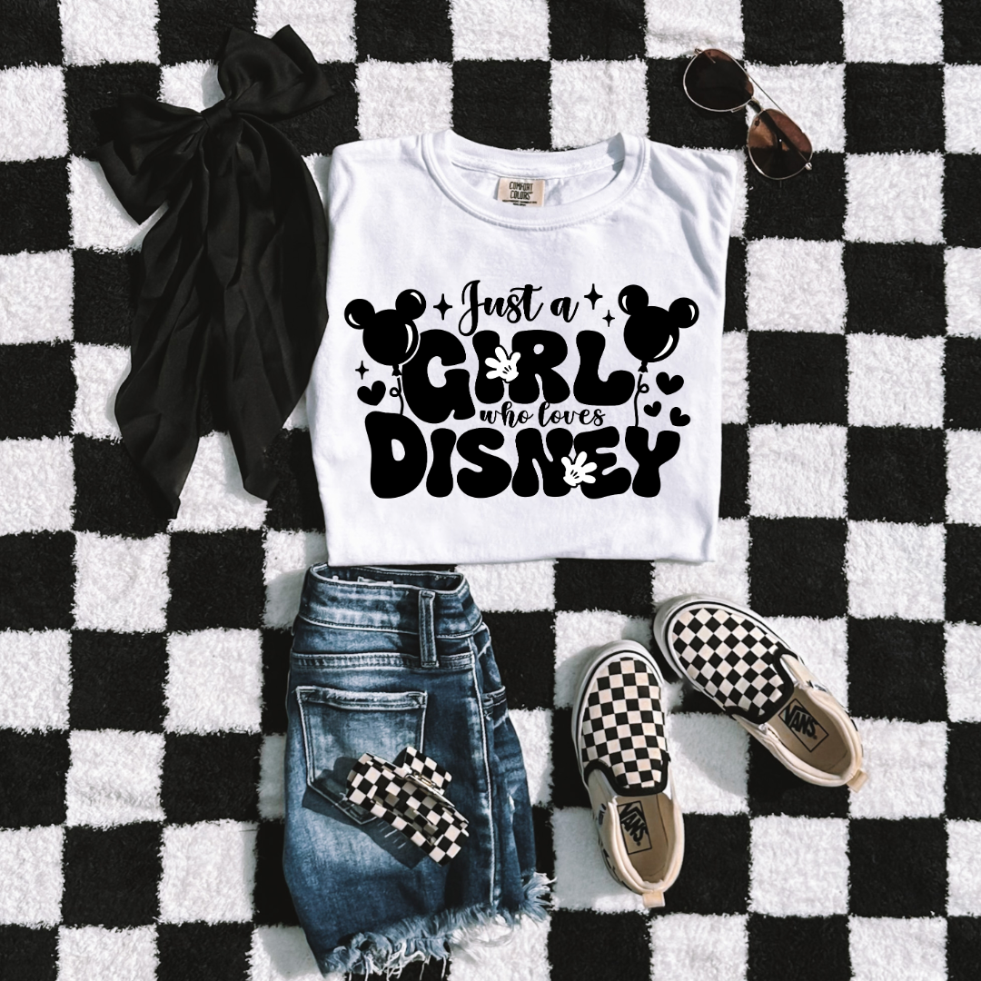 Customized youth White T-Shirt Just a girl who loves Disney bubble writing mickey balloon on string with mickey gloves