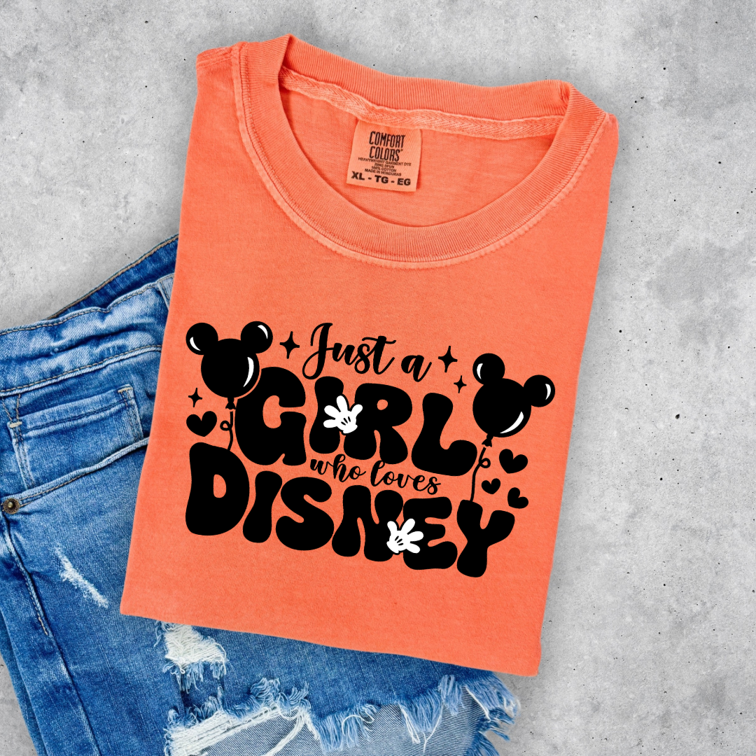 Customized youth and Adult Melon Orange T-Shirt Just a girl who loves Disney bubble writing mickey balloon on string with mickey gloves