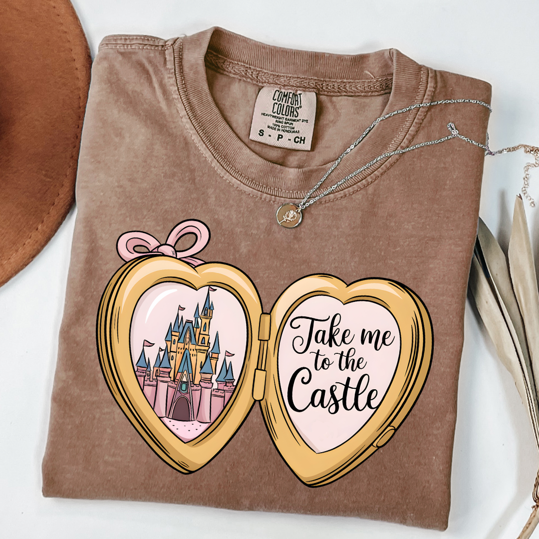 Customized Adult Espresso Brown Comfort colors Tee with locket caste design on the front Script take me to the castle Disney.