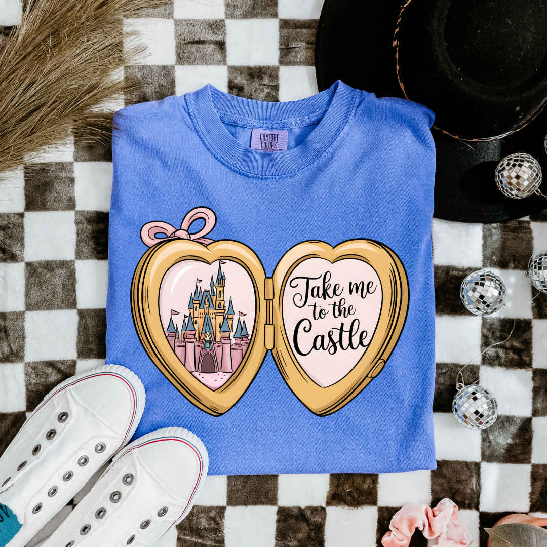 Customized Adult/Youth Flo blue Comfort colors Tee with locket caste design on the front Script take me to the castle Disney.