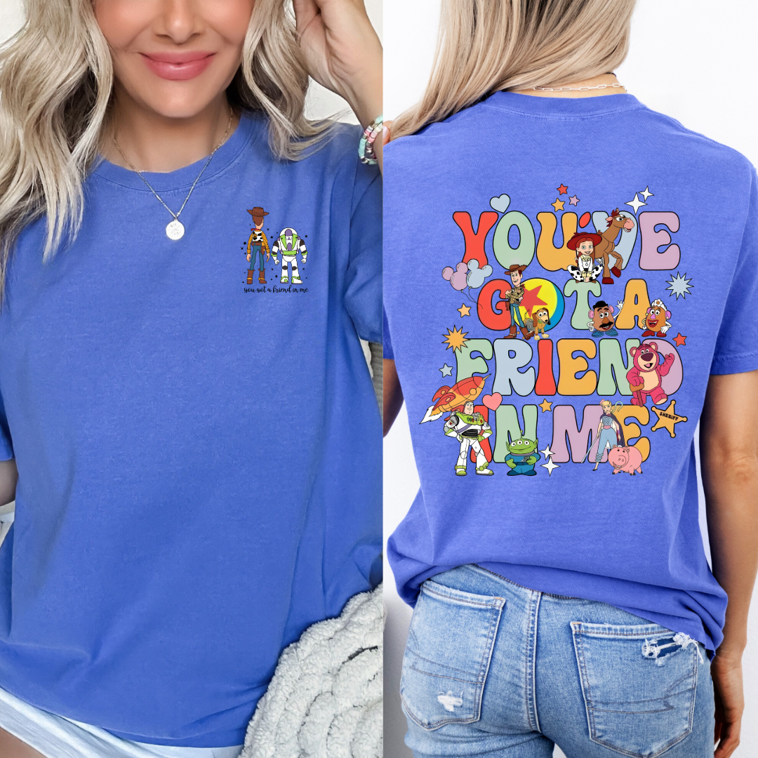Adult Customized Toy Story Flo Blue graphic tee You've got a friend in me bubble letters. Matching Youth Tee and crewneck available.