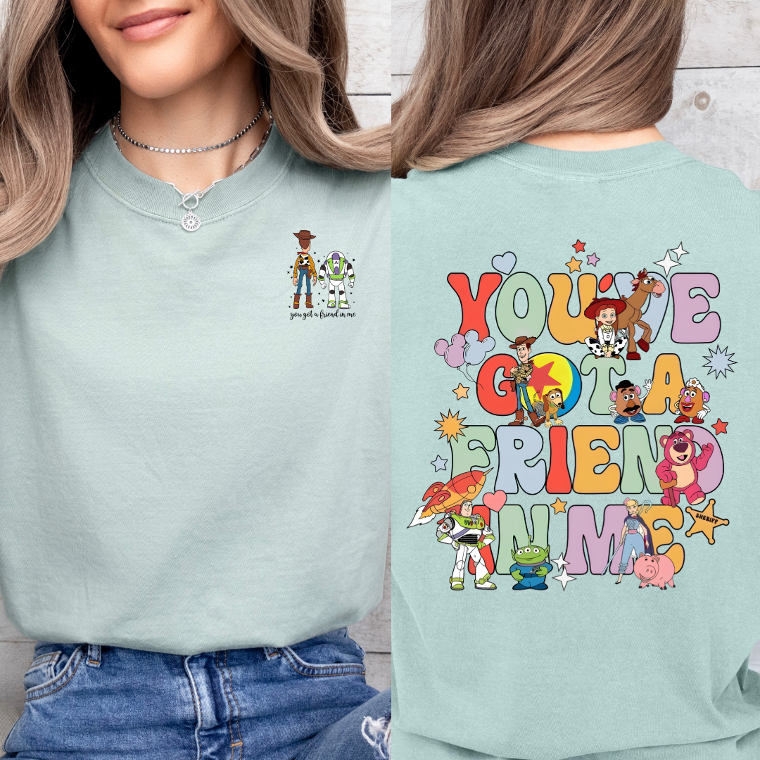 Adult Customized Toy Story Bay Green graphic tee You've got a friend in me bubble letters. Matching Youth Tee and crewneck available.