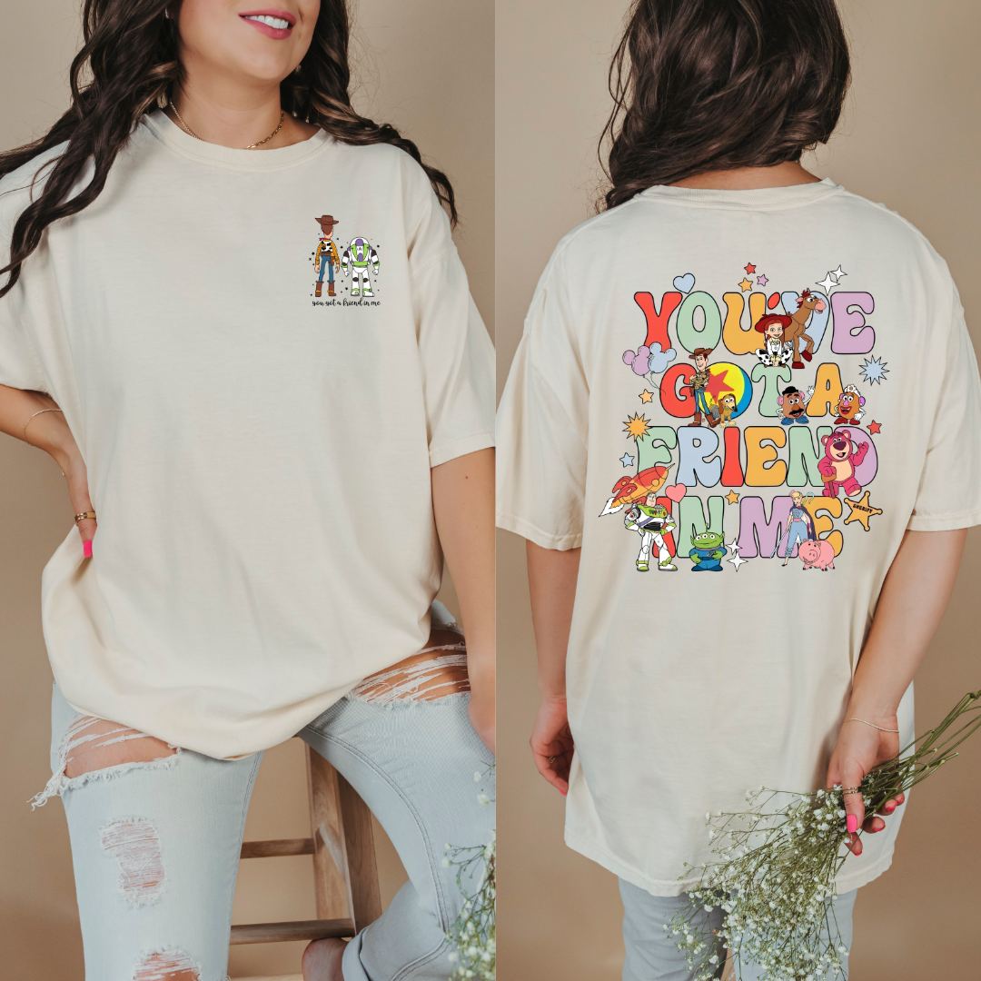 Adult Customized Toy Story Ivory graphic tee You've got a friend in me bubble letters. Matching Youth Tee and crewneck available.
