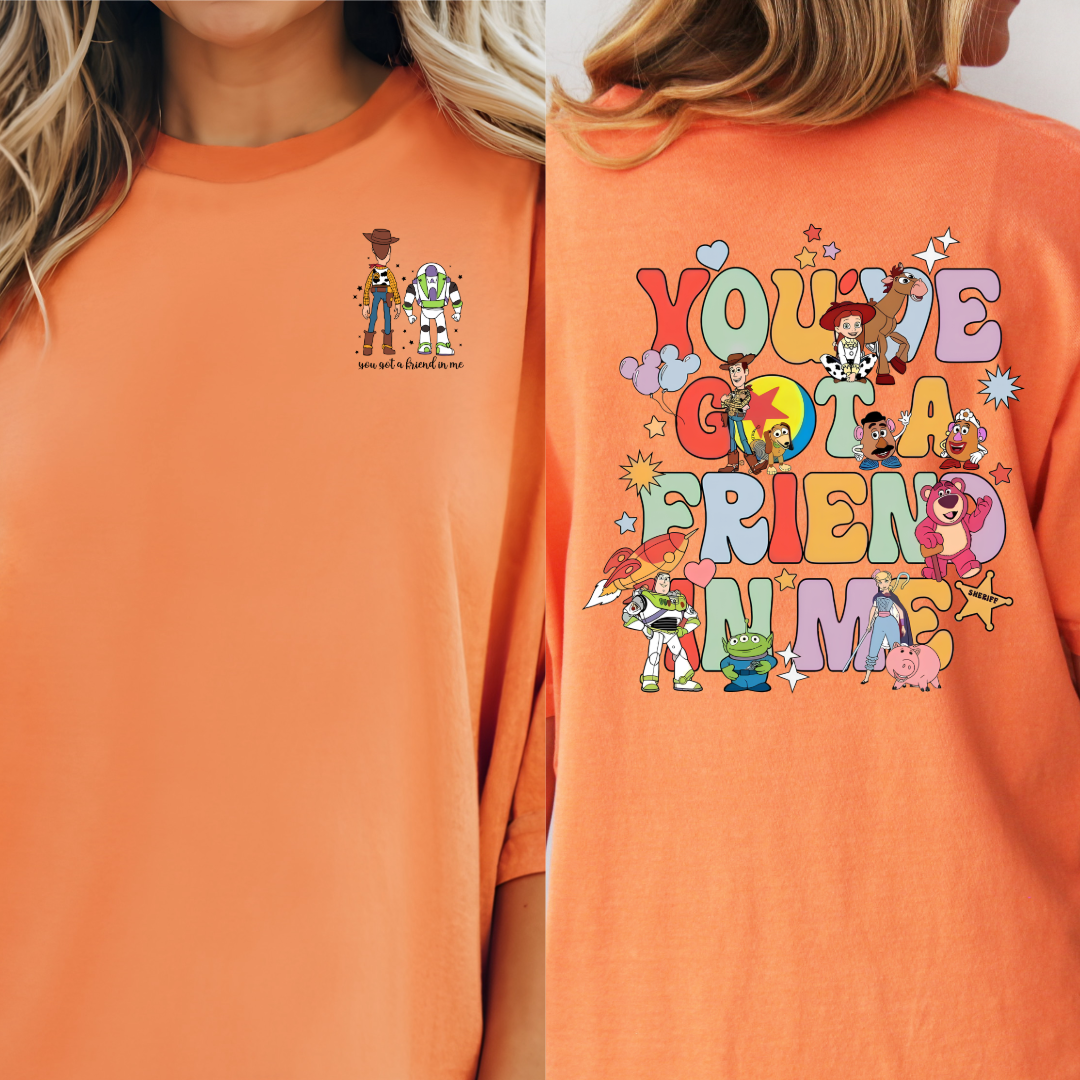 Adult Customized Toy Story Ivory graphic tee You've got a friend in me bubble letters. Matching Youth Tee and crewneck available.