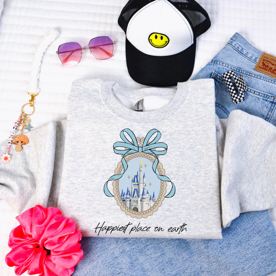 Customized youth Grey Happiest place on earth Disney castle with bow