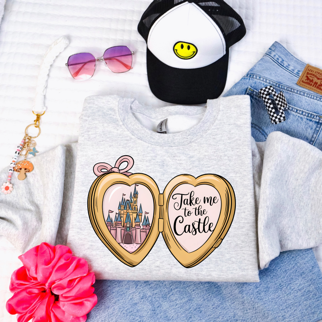 Customized Youth Grey Crewneck with locket castle design on the front Script take me to the castle Disney.