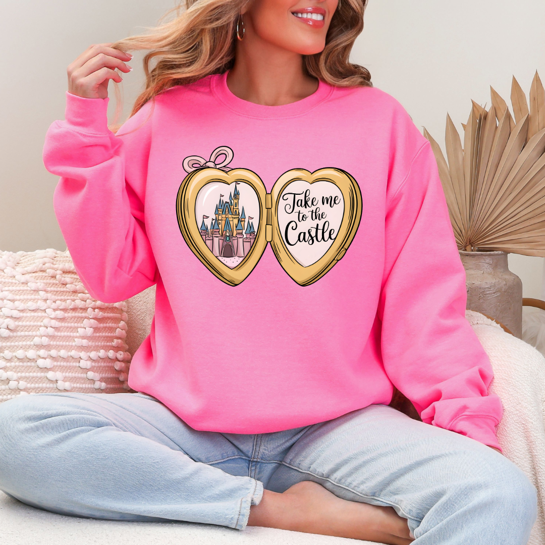 Customized Adult Hot pink crewneck with locket castle design on the front Script take me to the castle Disney.