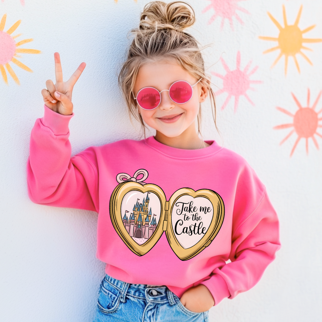 Customized Youth Safety Pink Crewneck with locket castle design on the front Script take me to the castle Disney.