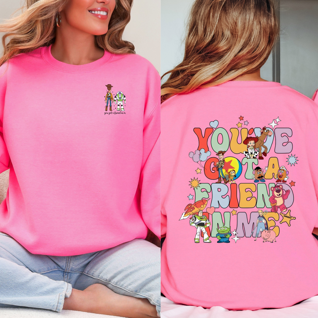 Customized Adult Hot Pink Toy Story you've got a friend in me front and back crewneck matching youth tee and crewnecks available