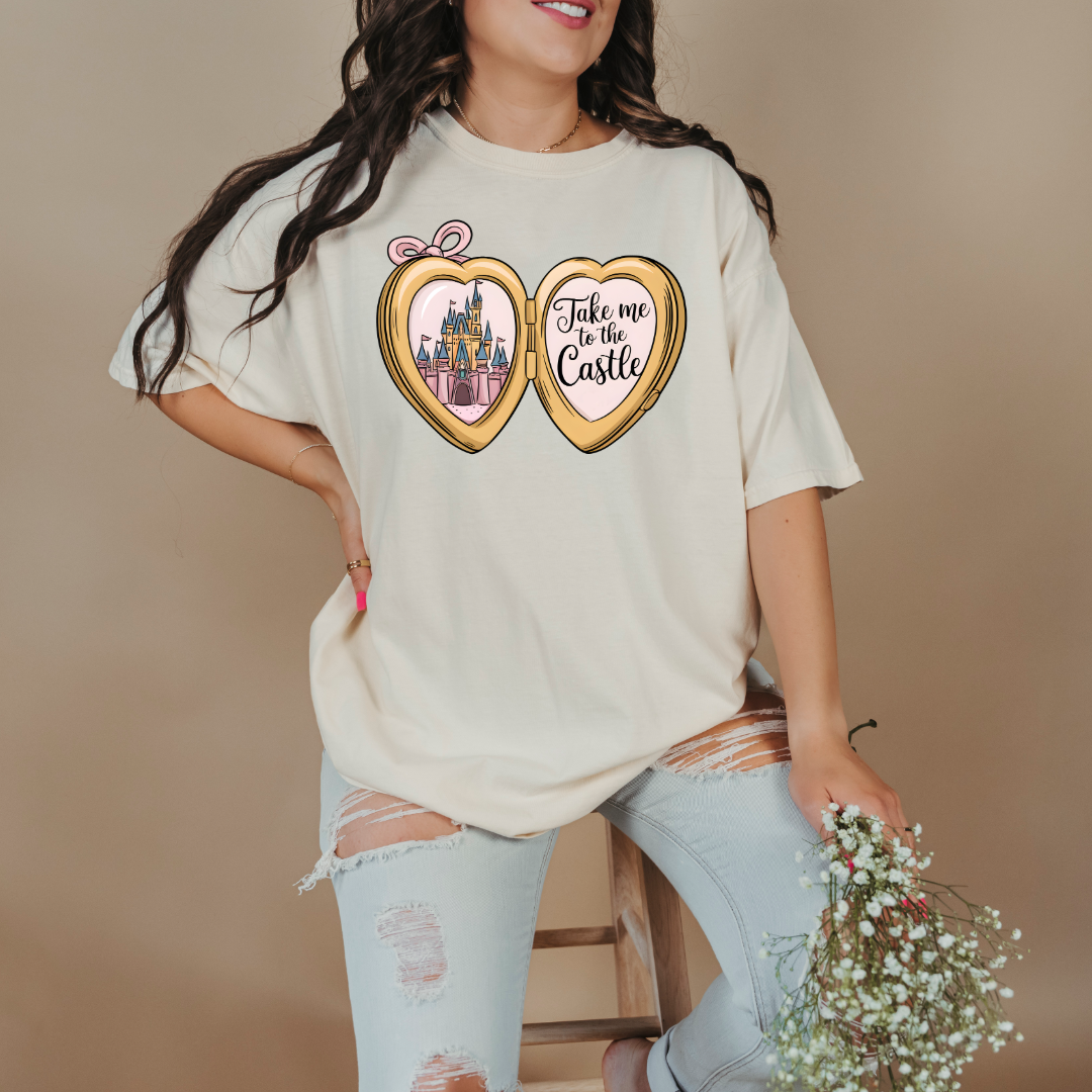 Customized Adult Ivory Comfort colors Tee with locket caste design on the front Script take me to the castle Disney.