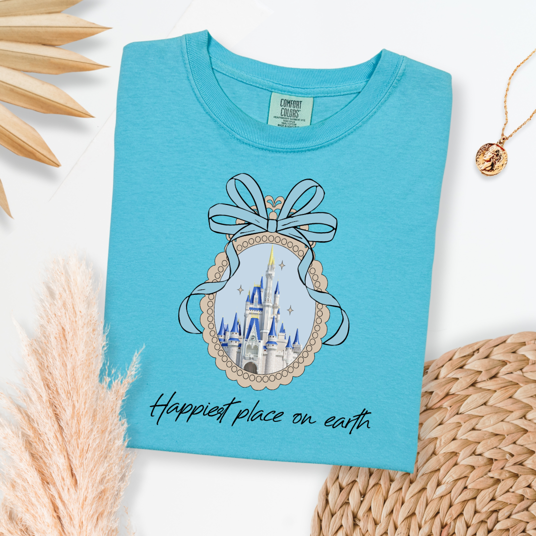 Customized Adult Lagoon Blue Happiest place on earth Disney castle with bow Matching Youth Available