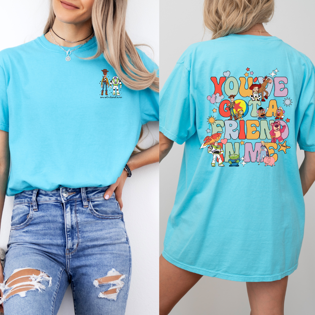 Adult Customized Toy Story Lagoon Blue graphic tee You've got a friend in me bubble letters. Matching Youth Tee and crewneck available.