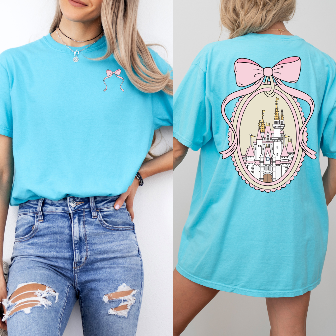 Adult Customized Coquette Castle frame with bow Lagoon Blue Tee With Bow front