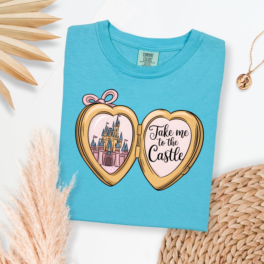 Customized Adult Lagoon blue Comfort colors Tee with locket caste design on the front Script take me to the castle Disney.