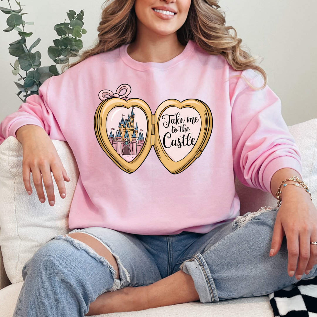 Customized Adult Iight pink crewneck with locket castle design on the front Script take me to the castle Disney.