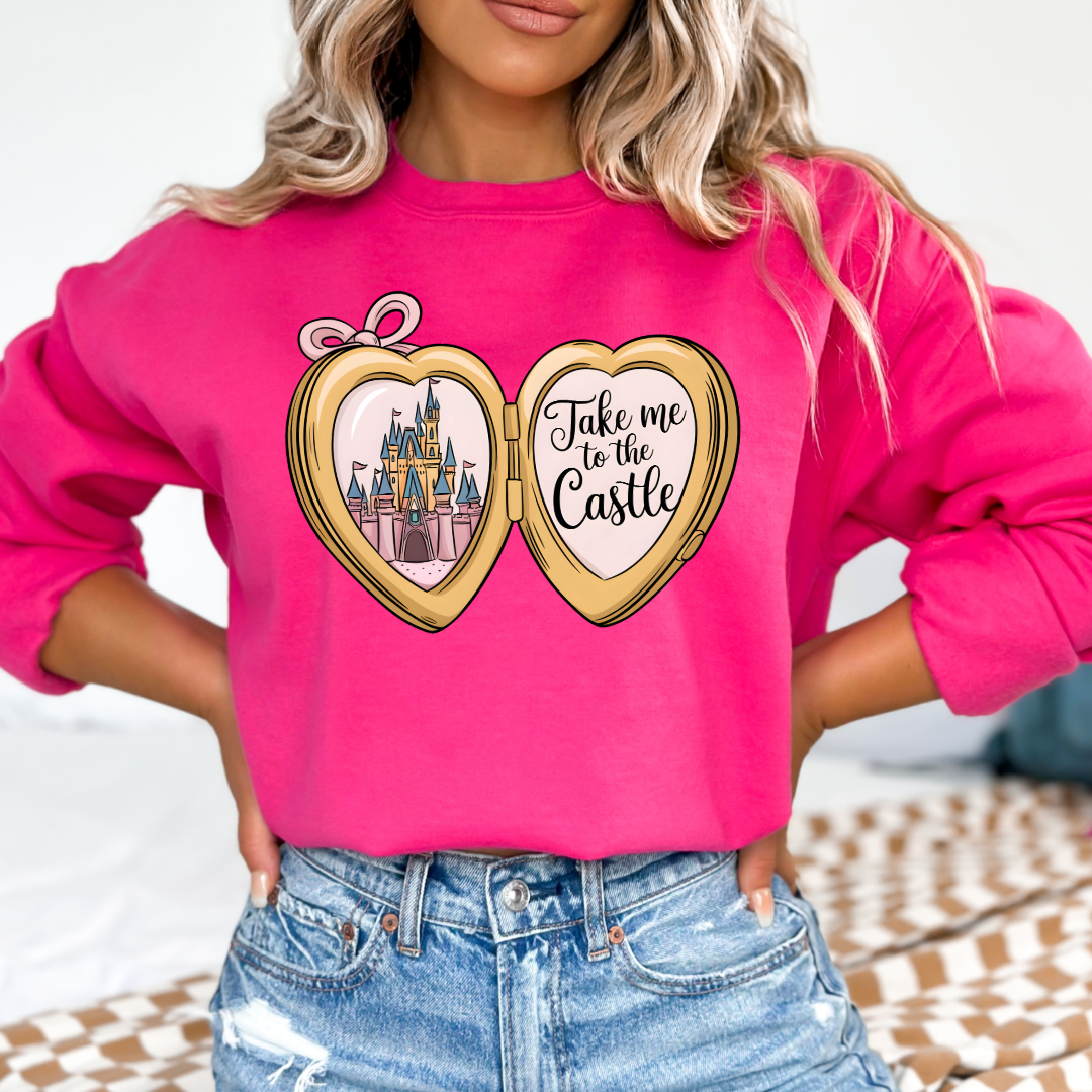 Customized Adult Medium Hot pink crewneck with locket castle design on the front Script take me to the castle Disney.
