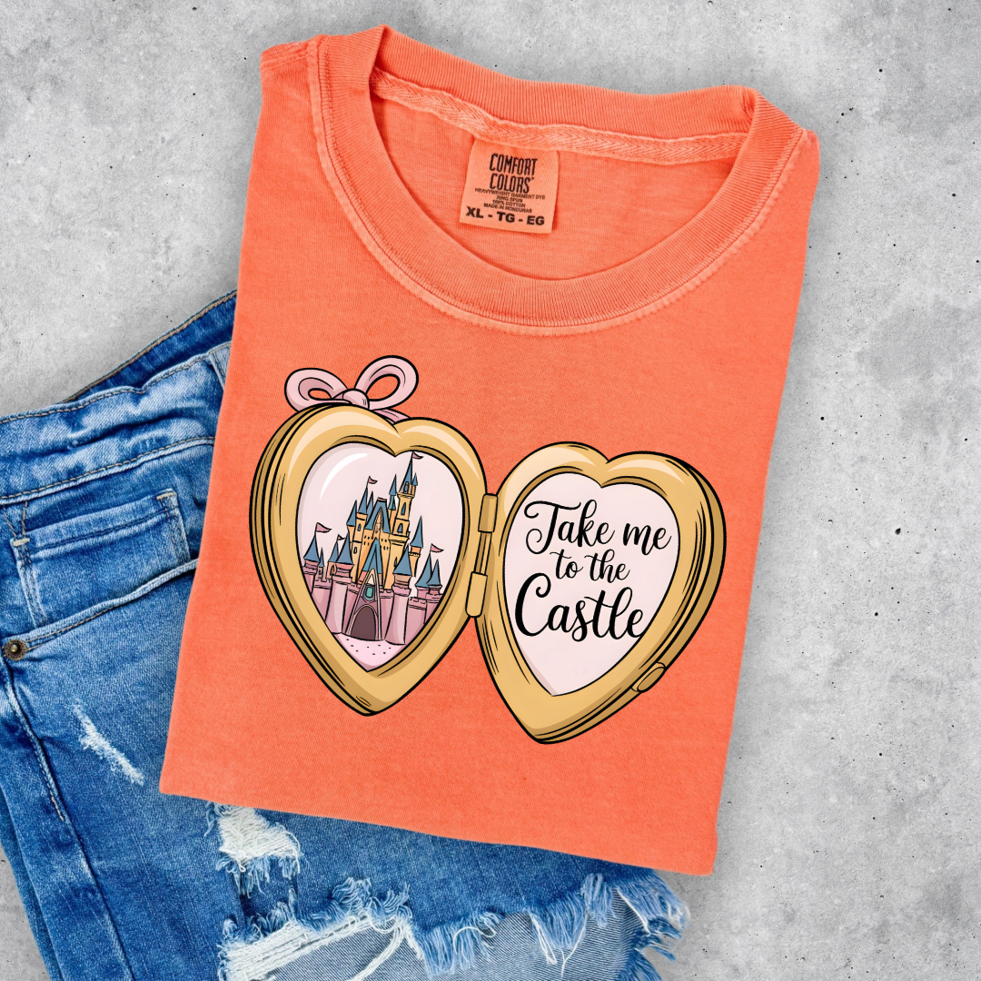 Customized Adult/Youth Melon Orange Comfort colors Tee with locket caste design on the front Script take me to the castle Disney.