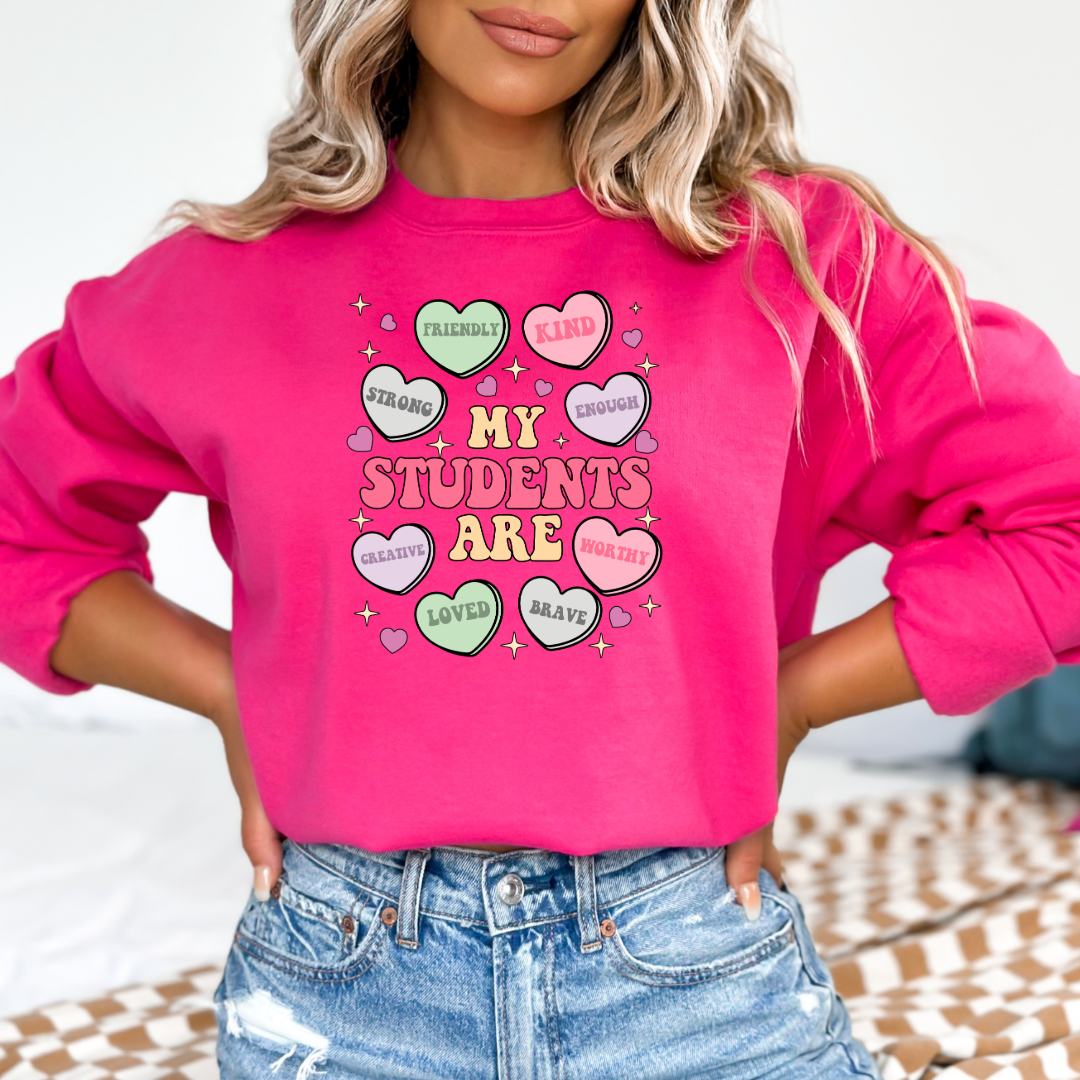 Customized Teacher My students are....friendly kind enough etc Medium Hot Pink crewneck