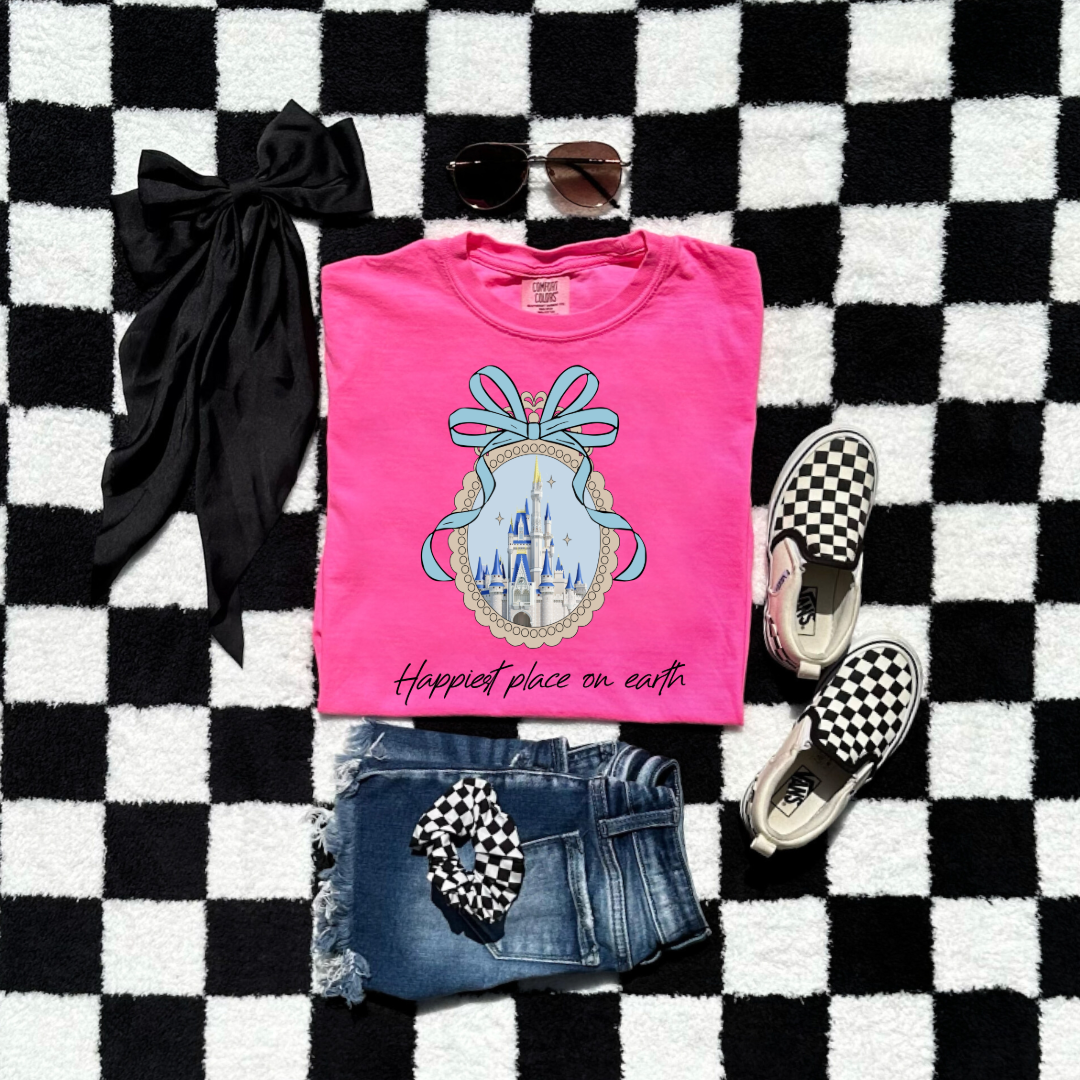Customized Youth Neon pink Happiest place on earth Disney castle with bow Matching Adult Available