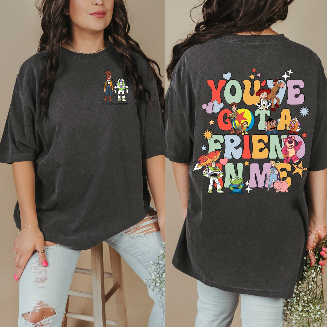 Adult Customized Toy Story Pepper Vintage black graphic tee You've got a friend in me bubble letters. Matching Youth Tee and crewneck available.