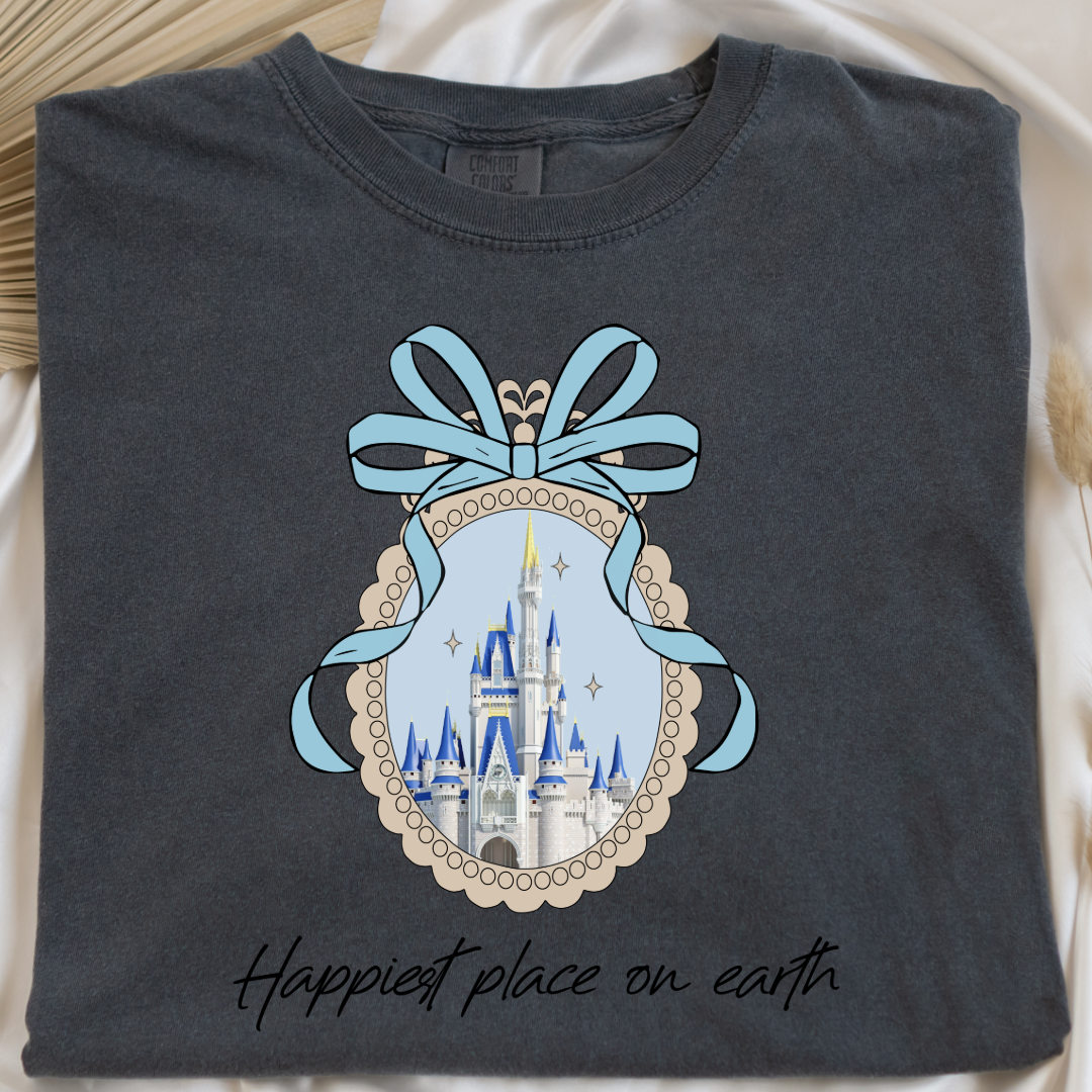 Customized Adult Pepper Vintage Black Happiest place on earth Disney castle with bow Matching Youth Available