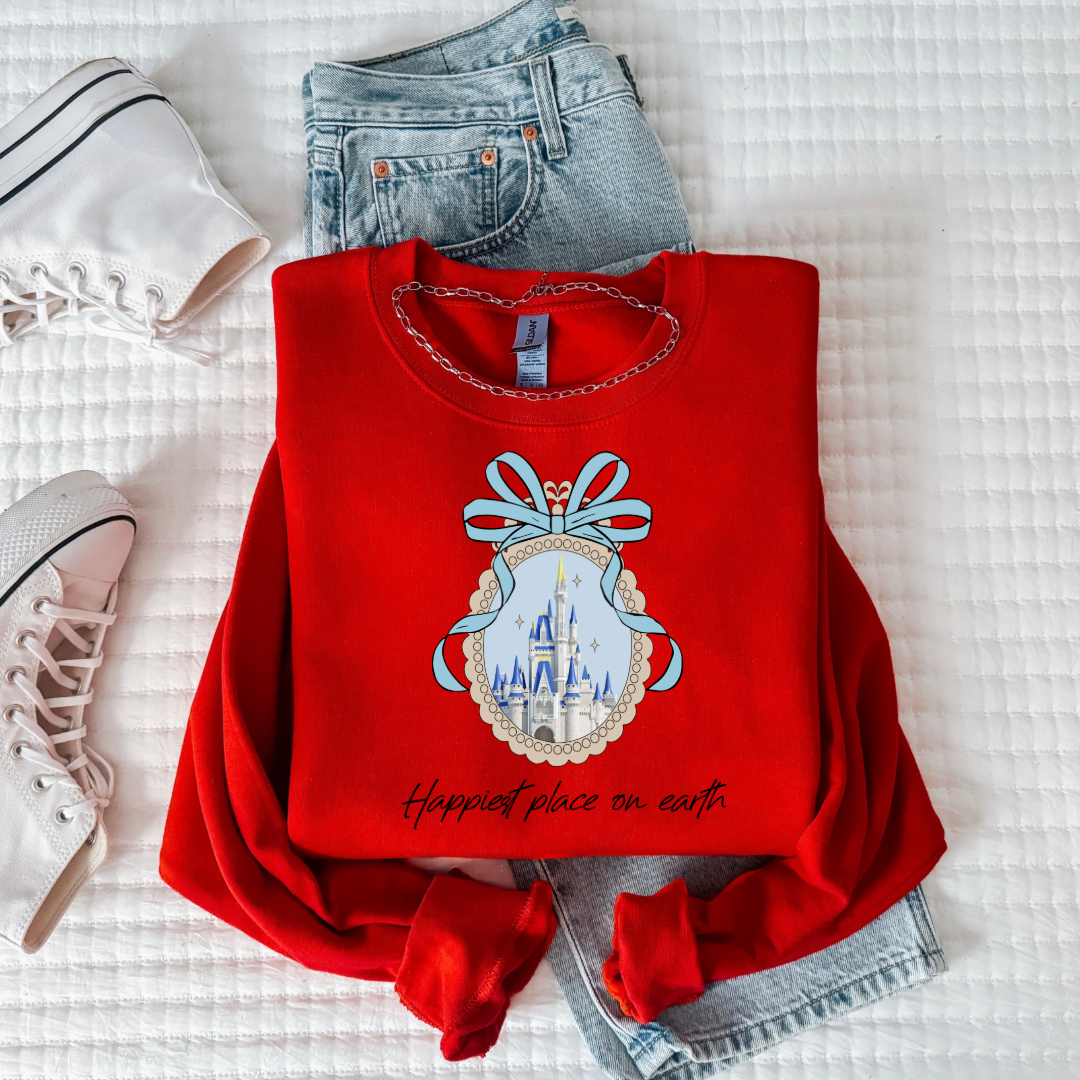 Customized youth Red Happiest place on earth Disney castle with bow