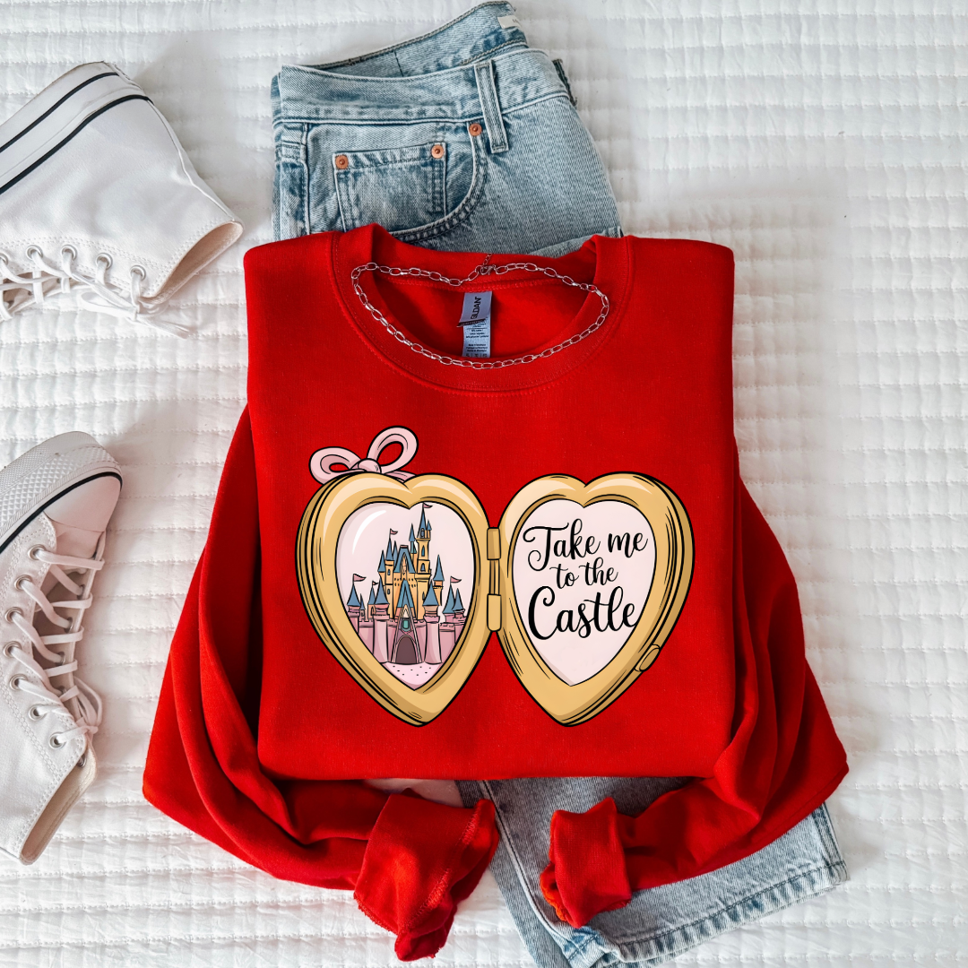 Customized Youth Red Crewneck with locket castle design on the front Script take me to the castle Disney.