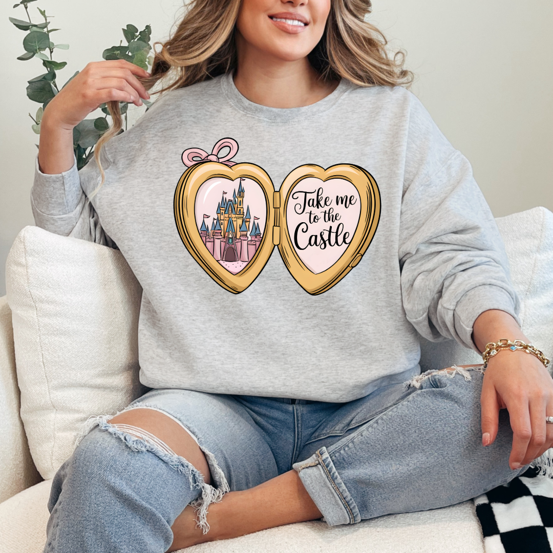 Customized Adult Grey crewneck with locket castle design on the front Script take me to the castle Disney.