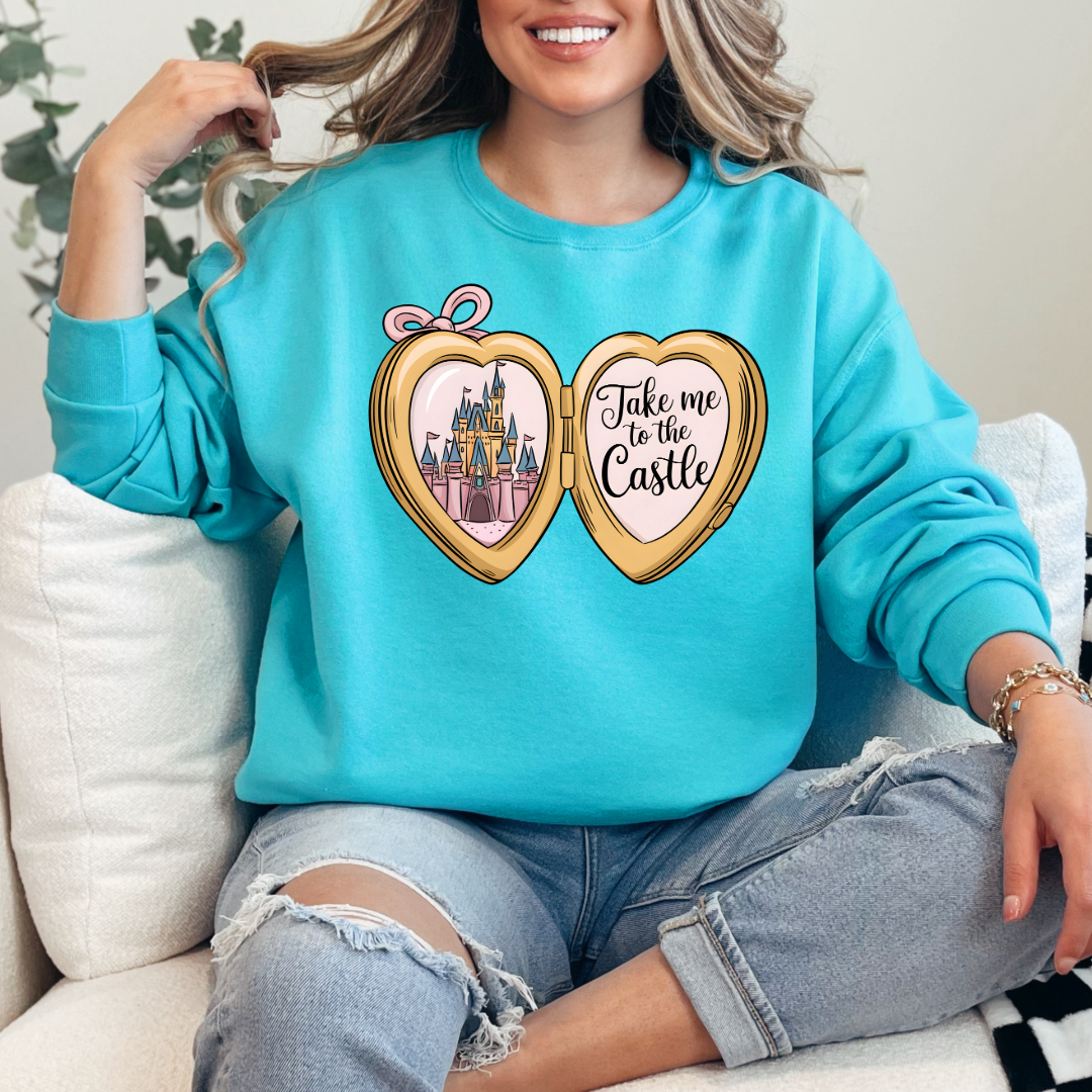 Customized Adult Scuba Blue crewneck with locket castle design on the front Script take me to the castle Disney.