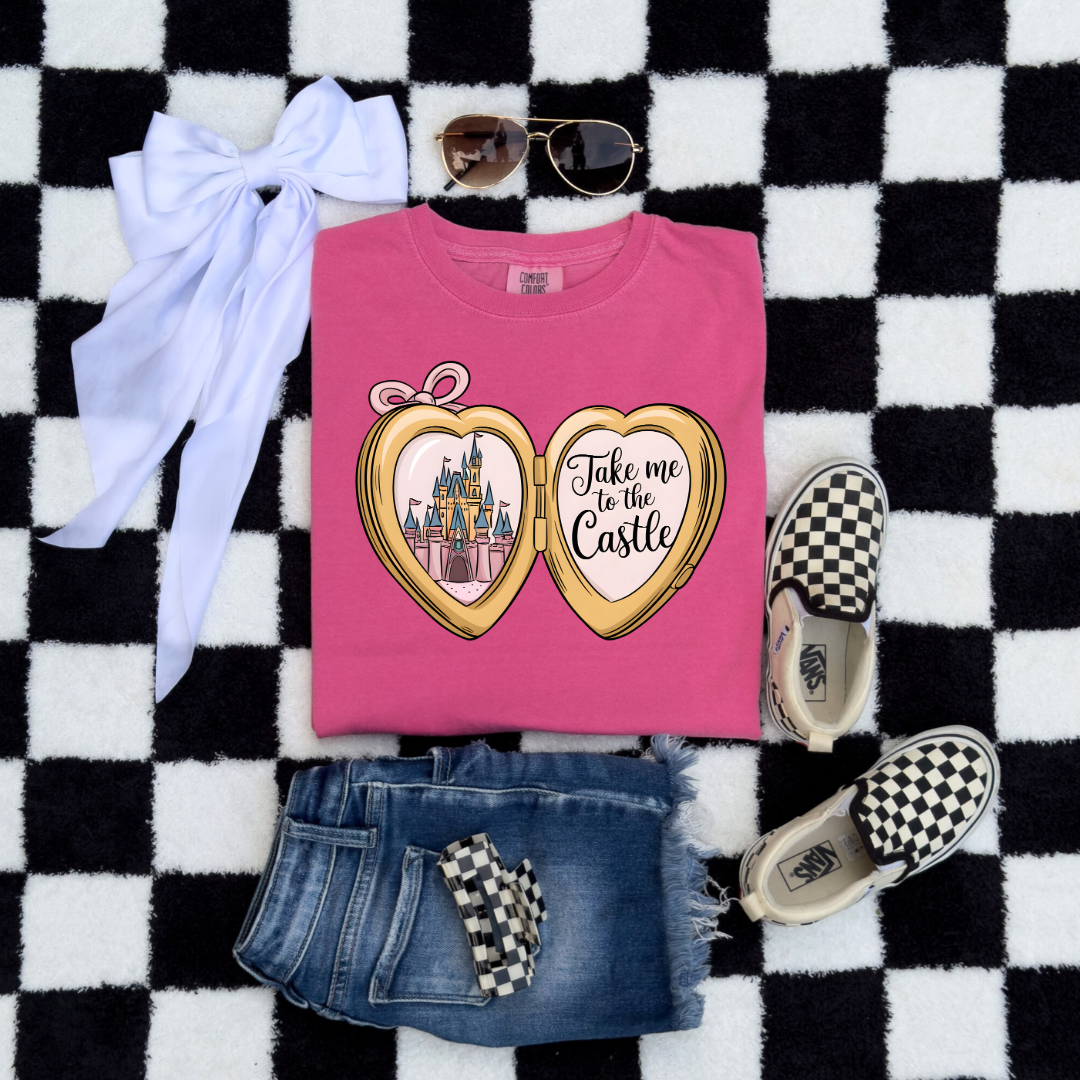 Customized Youth Crunchberry Pink Comfort colors Graphic tee with locket castle design on the front Script take me to the castle Disney.