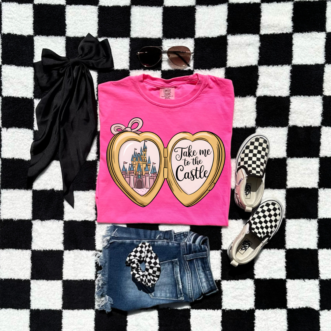 Customized Youth Neon Pink Comfort colors Graphic tee with locket castle design on the front Script take me to the castle Disney.