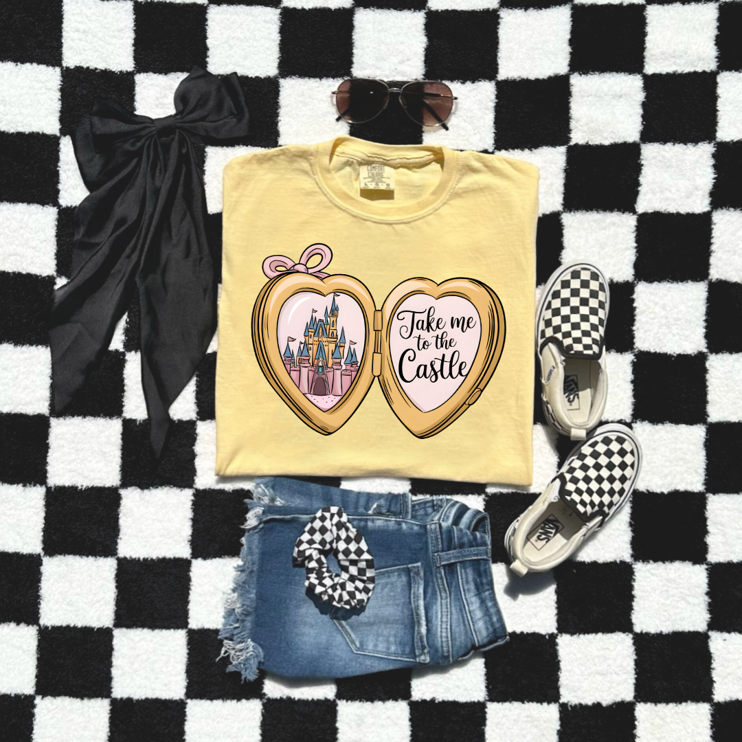 Customized Youth Butter Yellow Comfort colors Graphic tee with locket castle design on the front Script take me to the castle Disney.